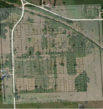Overlay of the plat map of the village of Violet (originally Butler) over the current site showing the correspondence between trees and streets