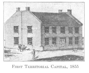 The First Territorial Capitol was a two-story brick structure built in Omaha in 1854 by the Council Bluffs and Nebraska Ferry Company. NSHS RG1234-2-10