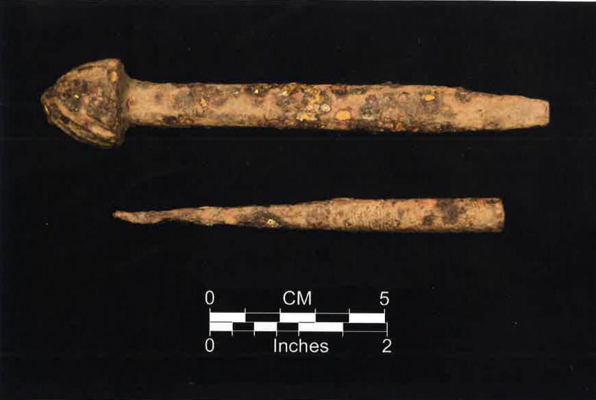 Two blacksmithing tools recovered during the Rockport excavation. Tools include a countersink bit and a tapered punch.