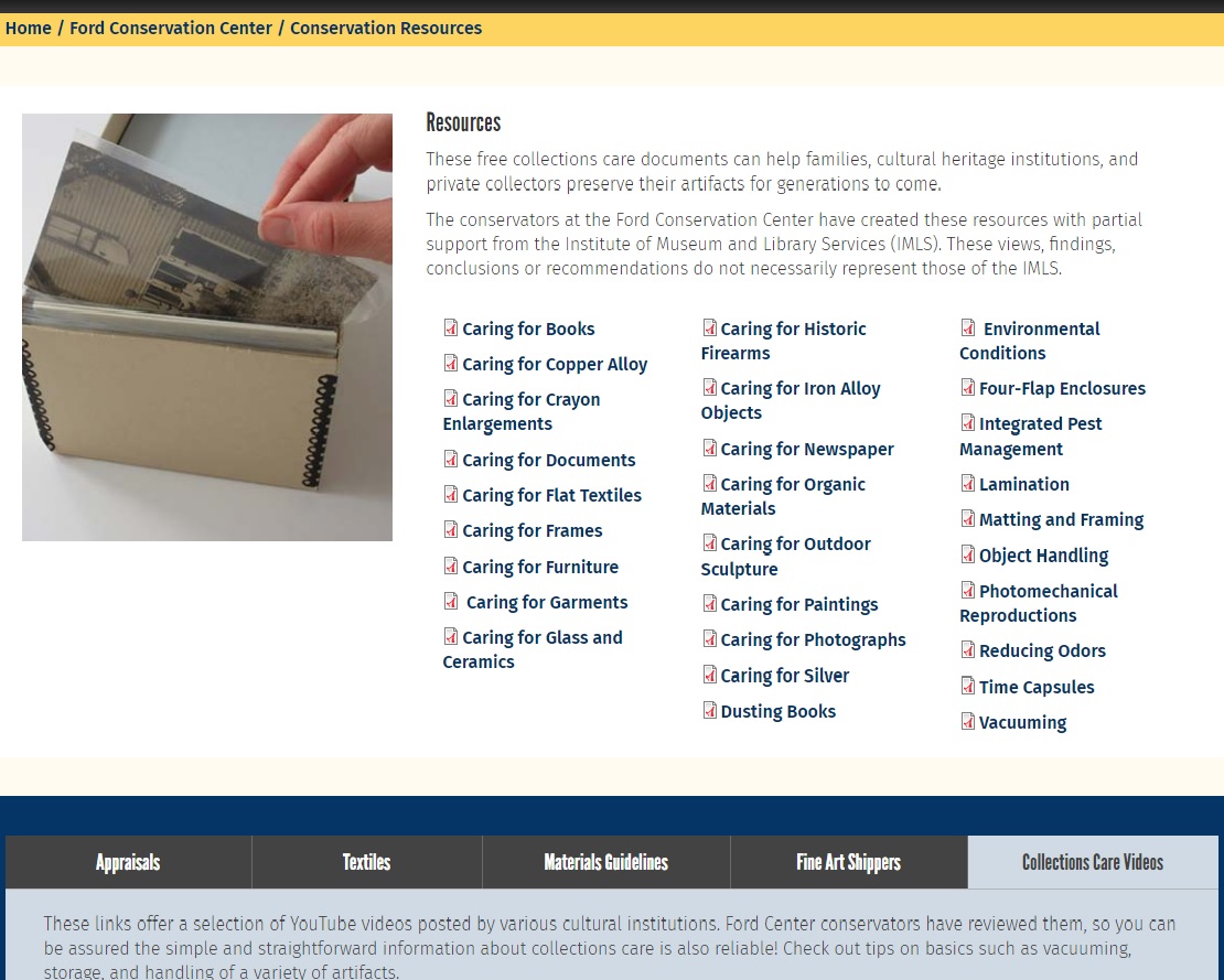 screen shot of Ford Center Resources page