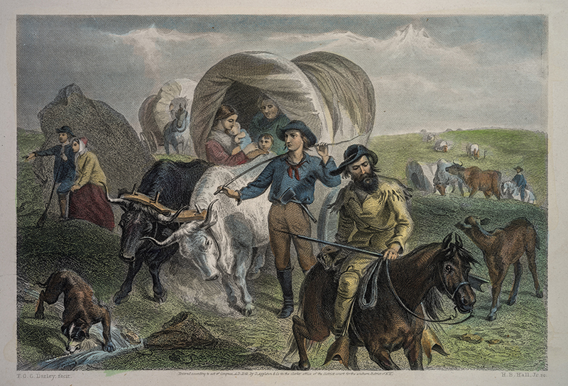 painting showing family and covered wagon