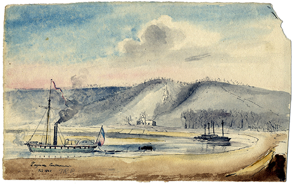 painting of Engineer Cantonment showing steamboat in foreground