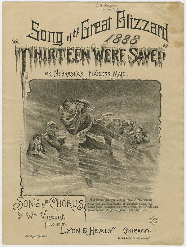 sheet music cover, "Song of the Great Blizzard of 1888, 'Thirteen Were Saved'"