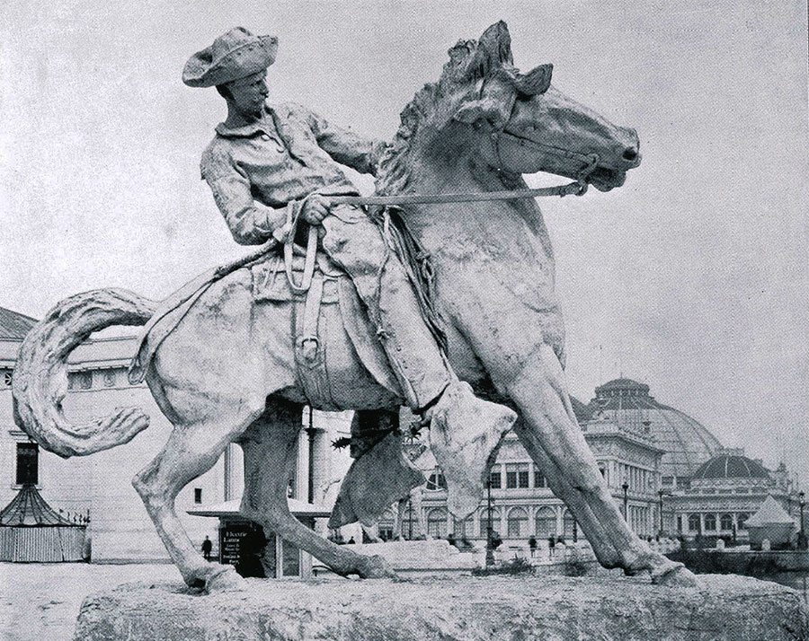 Proctor’s “Cowboy” at the World’s Columbian Exposition, Chicago, 1893. Photographic illustration from “The Dream City, A Portfolio of Photographic Views of the World’s Columbian Exposition with an introduction by Halsey C. Ives” (St. Louis: N.D. Thompson Co., 1893 – 94).