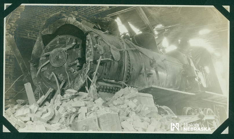 Missouri Pacific engine 2364 crashed into Northwestern Depot in Lincoln, Nebraska, July 21, 1911 (RG0849-1-129)