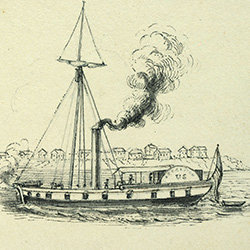 drawing of early steamboat with mast and smokestack