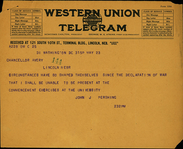 May 23, 1917, telegram from John J. Pershing to Chancellor Avery: 