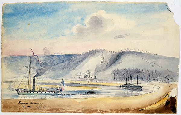 painting of steamboat on river beside bluffs