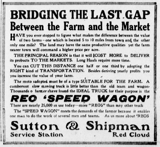 REO Speed Wagon ad: "Bridging the Last Gap Between the Farm and the Market"