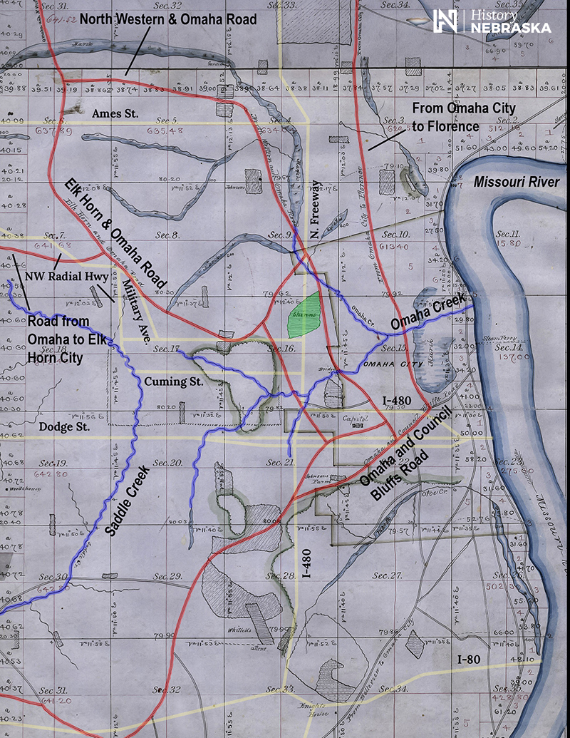 detail of 1857 map showing downtown Omaha