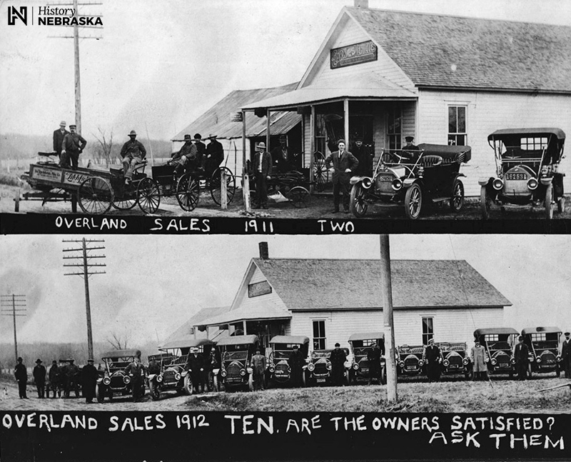 Postcard with two photos, labeled: "Overland sales 1911 Two; Over sales 1912 TEN. Are owners satisfied? ASK THEM."