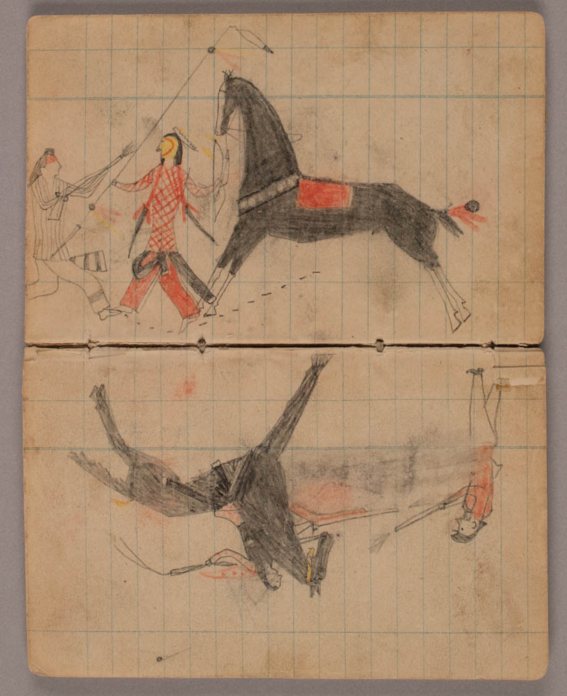 Ledger drawings of Native Americans, horses and soldiers