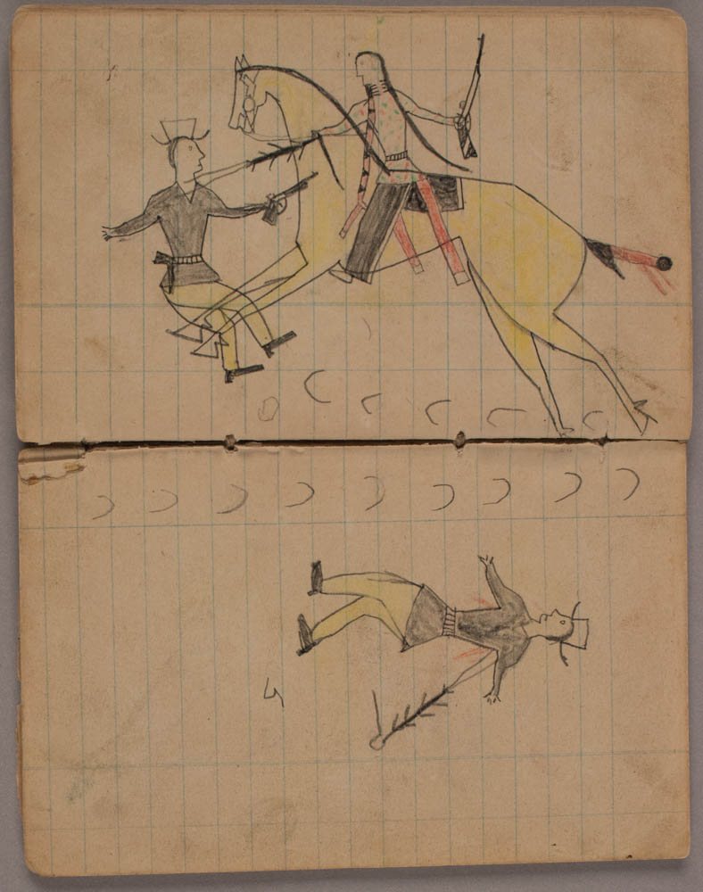Ledger drawings of a Native American on a yellow horse, and soldiers