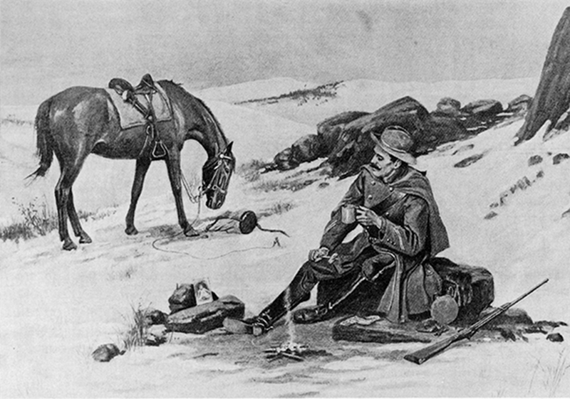 Lithograph of frontier soldier sitting by campfire in snow, with horse nearby