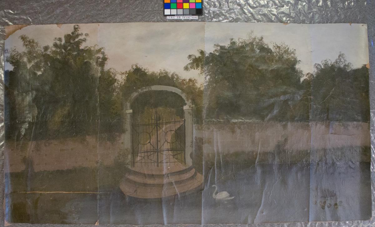 Landscape mural on paper with pond, wall, gate and swan, before treatment