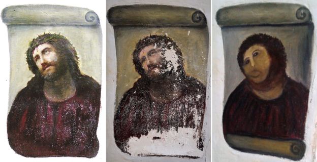 three images showing the original, deteriorated and "restored" version of fresco of Jesus Christ.