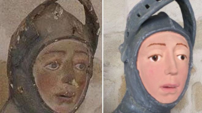 Images of sculpture of St George showing Before Treatment (left) and After Treatement (right)