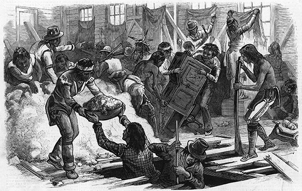 1879 illustratration of Indians breaking through floor of building