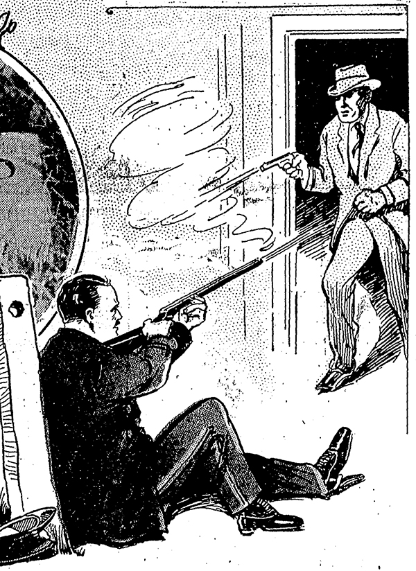Illustration: shootout between seated man with shotgun and standing man with pistol