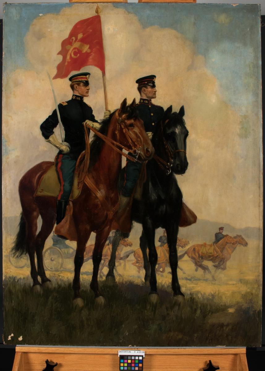 Painting of two soldiers on horseback with red flag between and clouds behind, before treatment