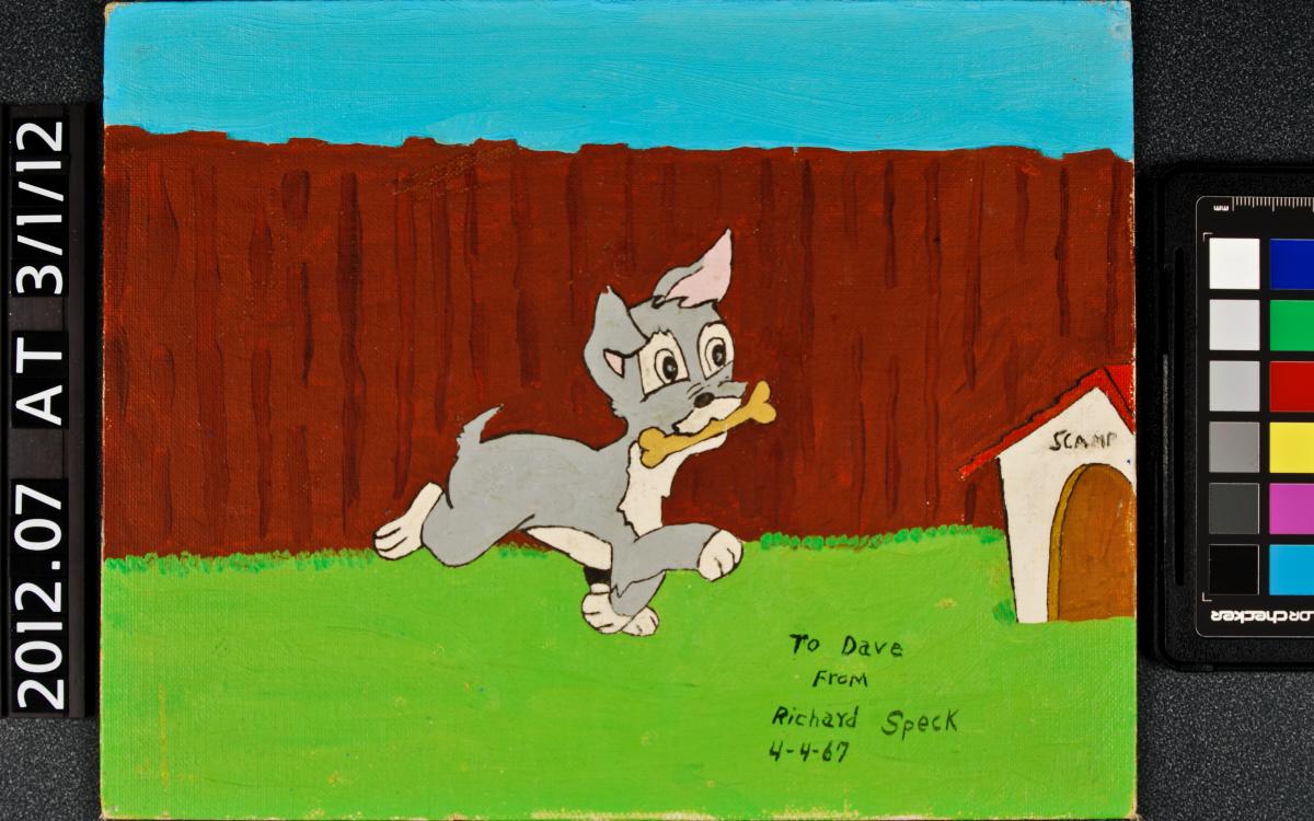 after treatment photo of painting of cartoon dog, with fence, doghouse, signed by Richard Speck