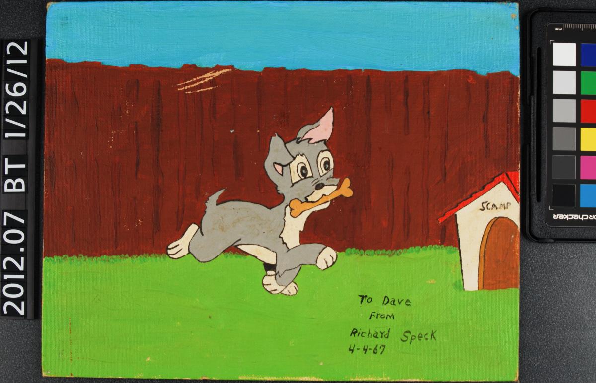 Before treatment photo of painting with cartoon dog, fence, doghouse, signed by Richard Speck