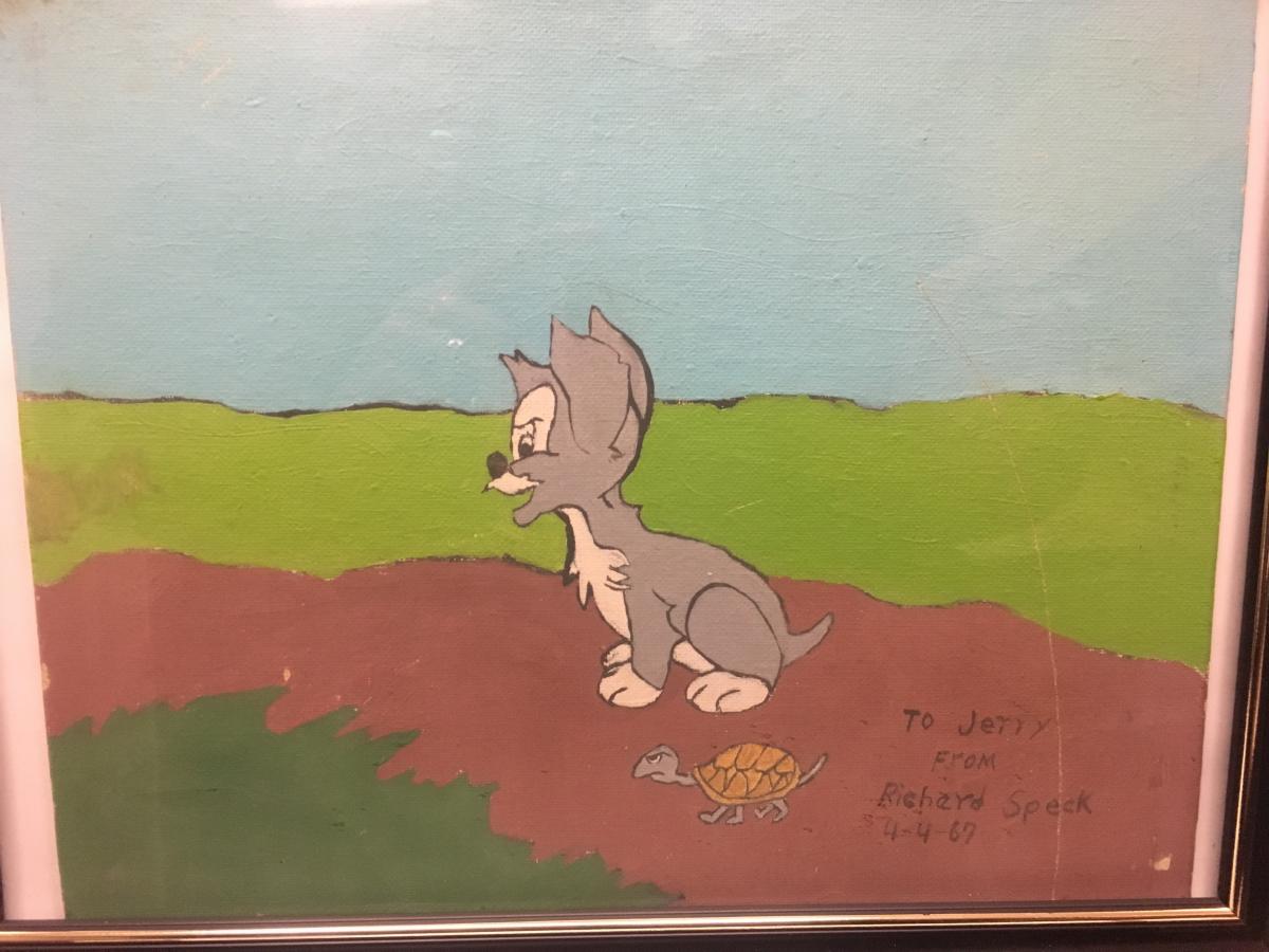 painting of cartoon dog and turtle on the road, signed by Richard Speck