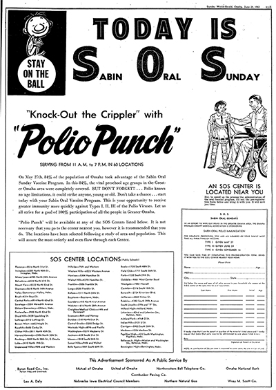 Newspaper ad: Today is Sabin Oral Sunday. "Knock-Out the Crippler" with "Polio Punch"
