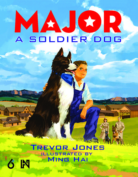 illustrated book cover, shows boy kneeling beside dog, Pine Ridge buttes in background
