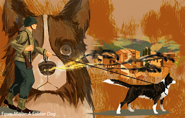 book illustration, collage of images: wide-eyed dog, dog led by soldier, flaming town, smoke. 
