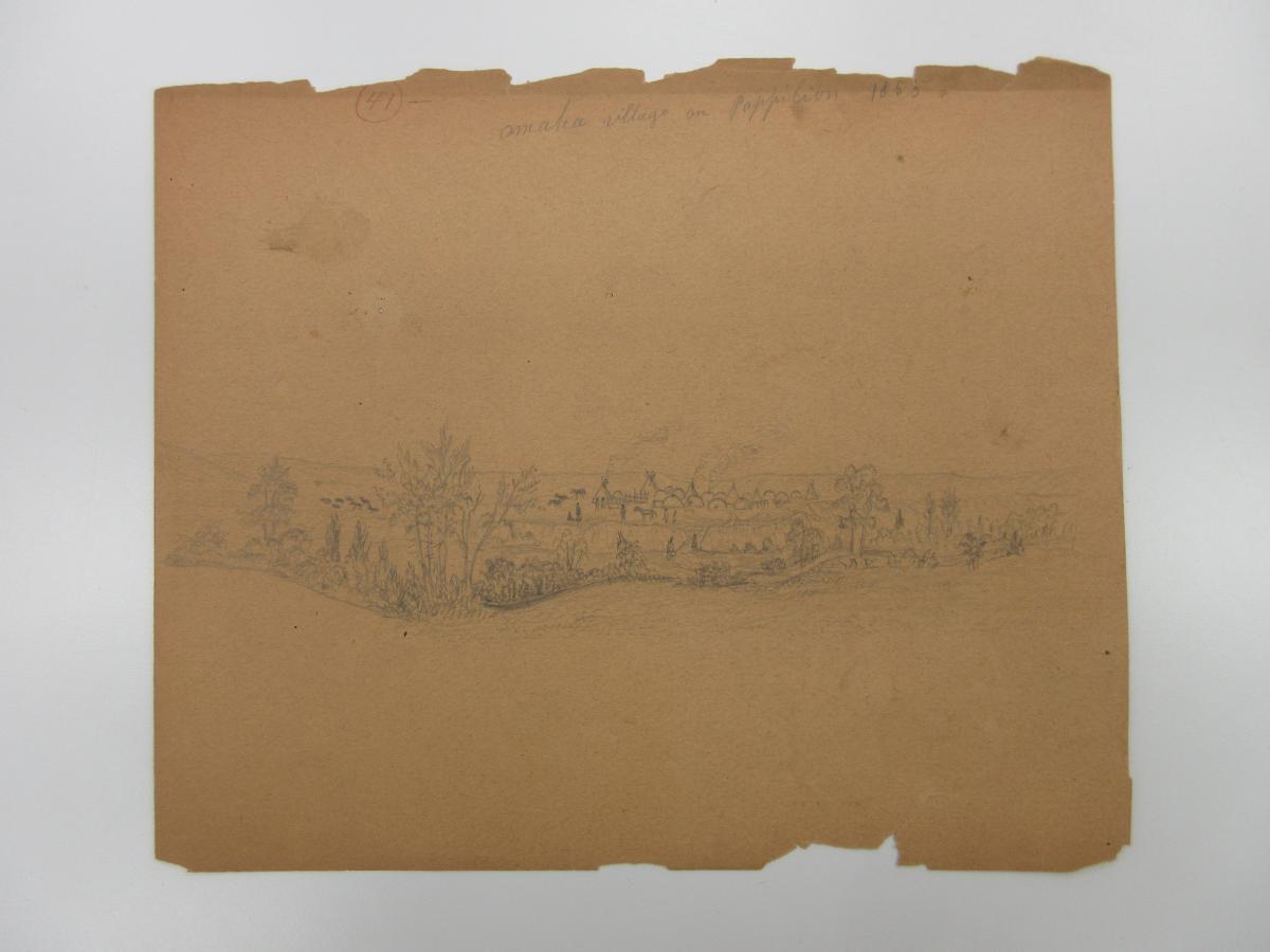 pencil sketch on browned paper of Native American village with teepees along river, "Omaha village in Pappillion" handwritten at the top