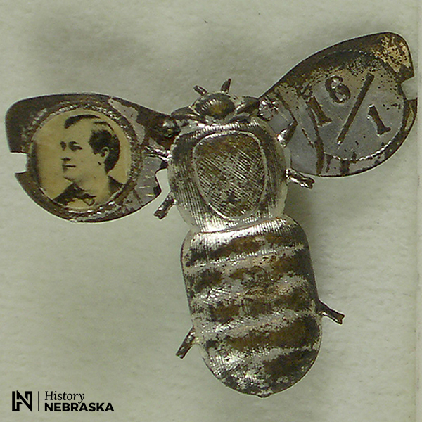 metallic pin shaped like a winged bug.