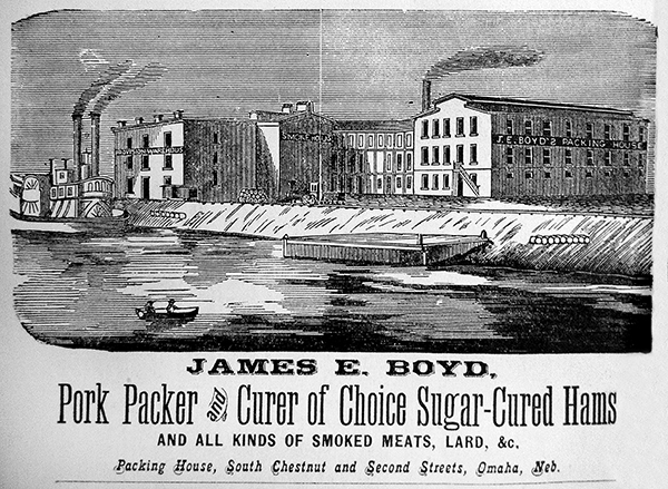 Engraving of a packinghouse. Caption: James E. Boyd, Pork Packer and Curer of Choice Sugar-Cured Hams.