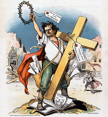 Cartoon of Bryan holding crown of thorns and large gold cross
