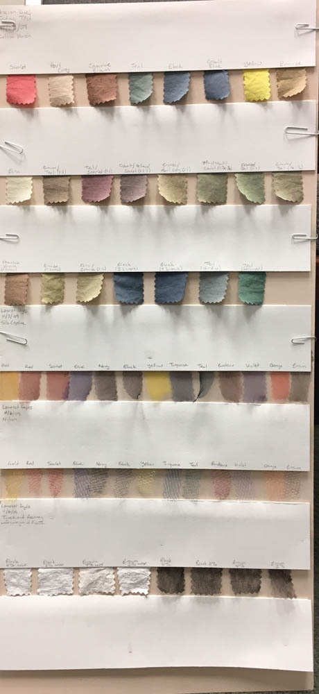 photo shows a board with many swatches of died fabric. The top half of each row of swatch is covered with a strip of white blotter.