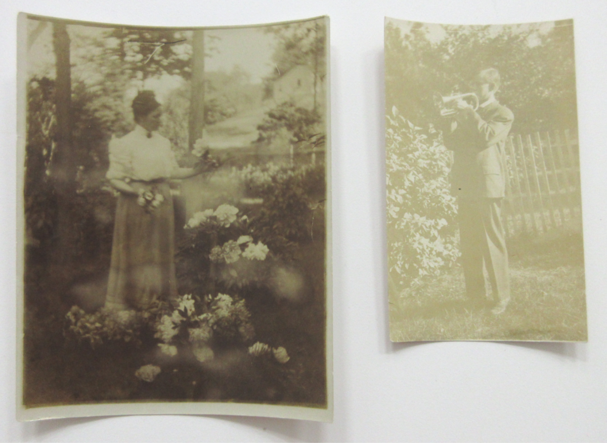 Two photographs, one on the left of a woman in a garden. One on the left of a man playing the trumpet. The photo on the right is faded.