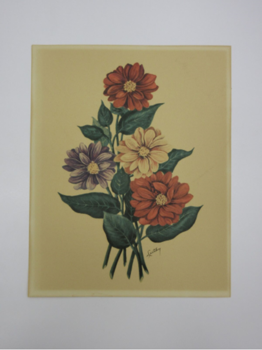a print of a floral bouquet. The print is darkened at the center where it was exposed to light. There is a light border where the print was protected by the overmat.