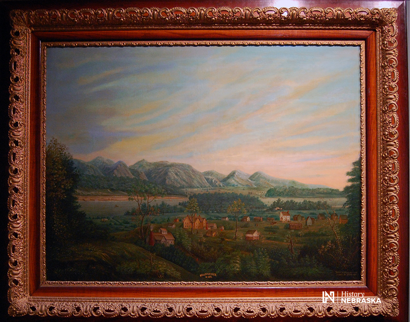Oil painting of Bellevue showing a handful of buildings in wooded foreground and mountainous-looking bluffs behind the river in the background.