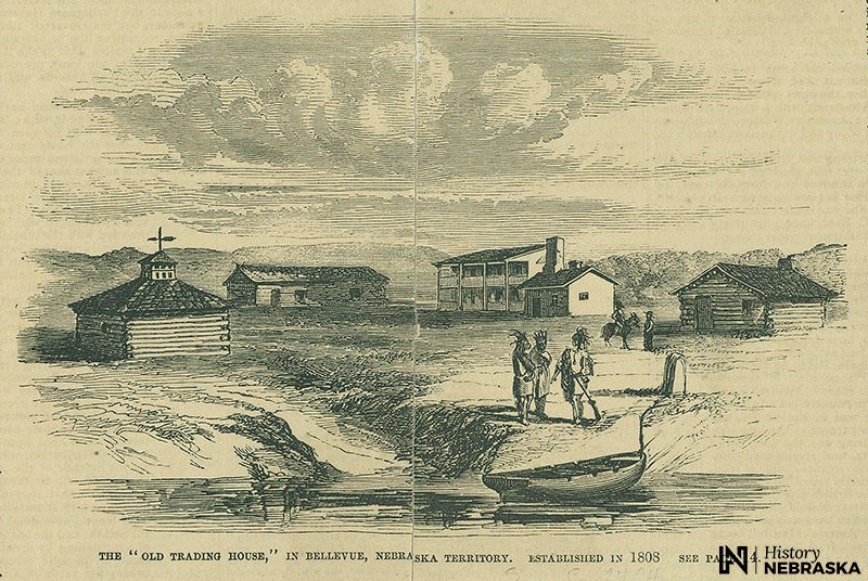 Engraving of settlement, five buidlings, mostly log cabins; Native Americans in foreground