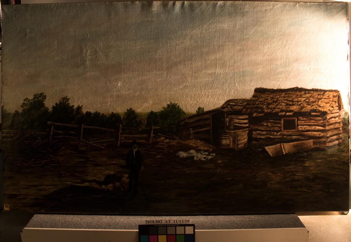 painting photographed in raking light from the right, showing surface distortions corrected