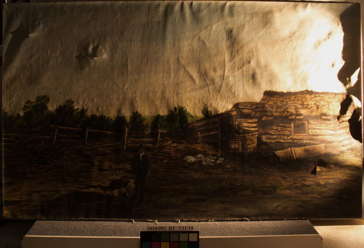 photograph of the painting in raking light from the right showing surface distortions