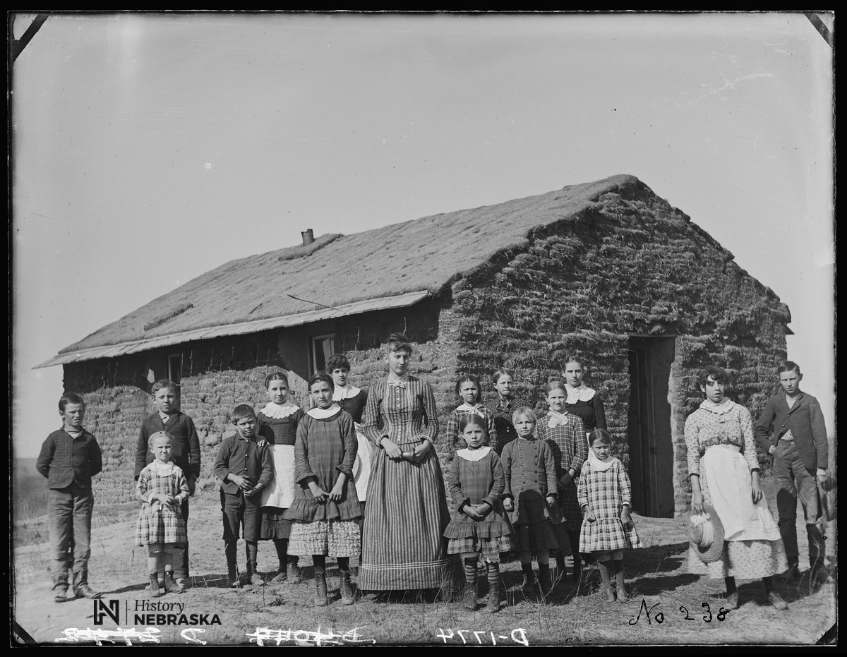 This photograph by Solomon D. Butcher depicted a sod school about sixty miles west of Merna, Custer County, in 1889. RG2608-1774