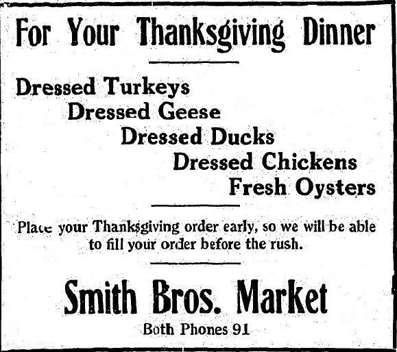 Turkeys, geese, ducks, chickens, and oysters were offered Thanksgiving shoppers in Kearney in 1914. Kearney Daily Hub, November 20, 1914