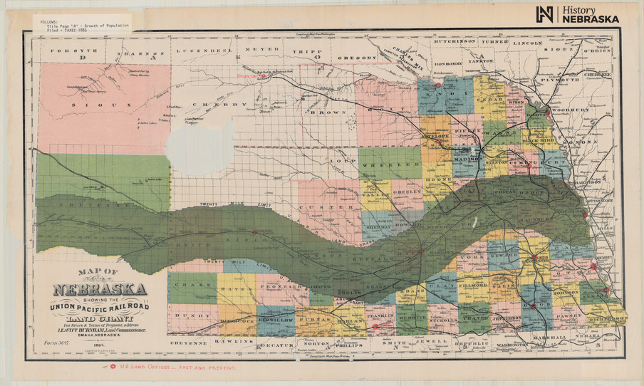 Map of Nebraska showing the Union Pacific Railroad Land Grant, 1884.