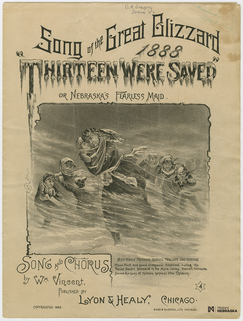 Illustrated cover for sheet music about the Blizzard of 1888