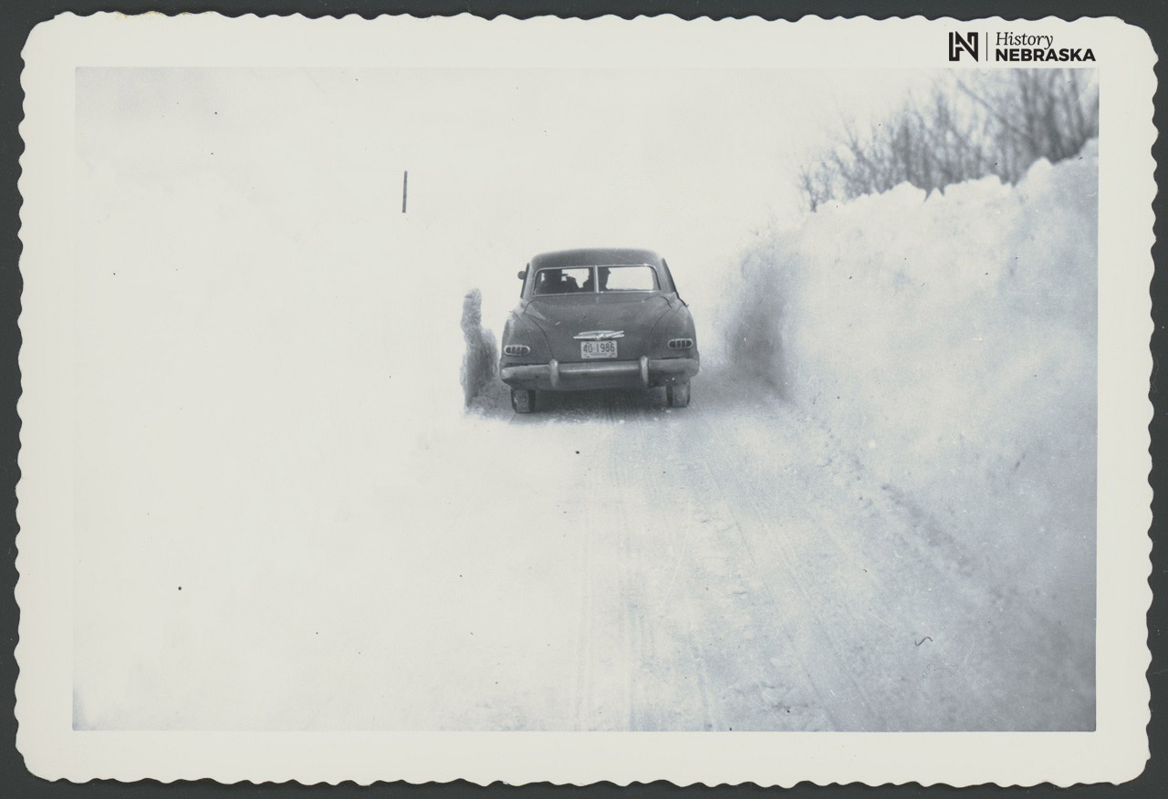 Mrs. Ben J. Fuelberth, Osmond, Nebraska. Blizzard, 1949. Road 3 1/2 miles, south of Osmond.