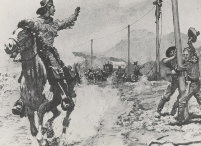 A Pony Express rider saluting the telegraph builders (who would soon put the Pony Express out of business)