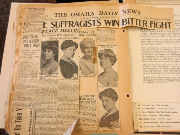 A page from one of Richardson's suffrage scrapbooks featuring "The Big Three": Richardson, Katharine Sumney, and Mrs. Draper Smith. 