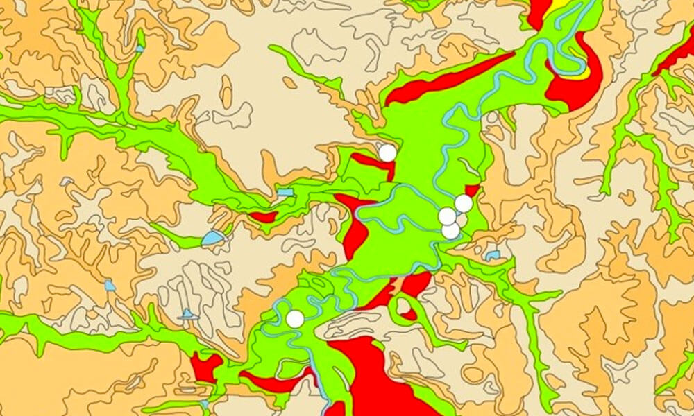Areas in red are more likely to contain deeply buried archeological sites.