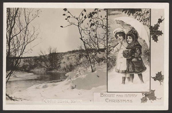 This Christmas greeting from 1907-17 depicted the Cedar River in Nebraska during winter. A drawing of two girls is inset into the photograph.  RG3542-142-3